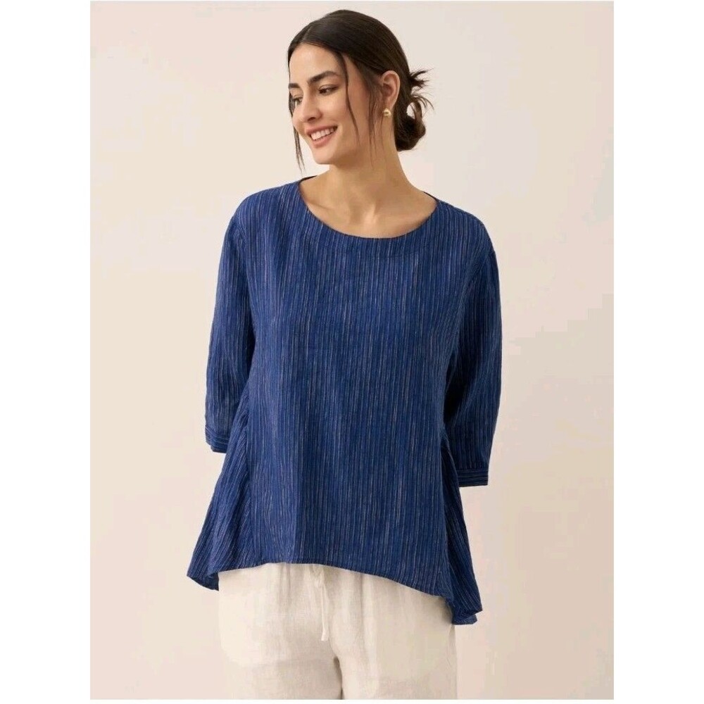 Lintico Top Womens XXL 100% Linen Round Neck Artistic Stripes Blue Florence
